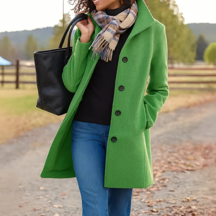 Collar and neckline detail of stylish womens winter coat