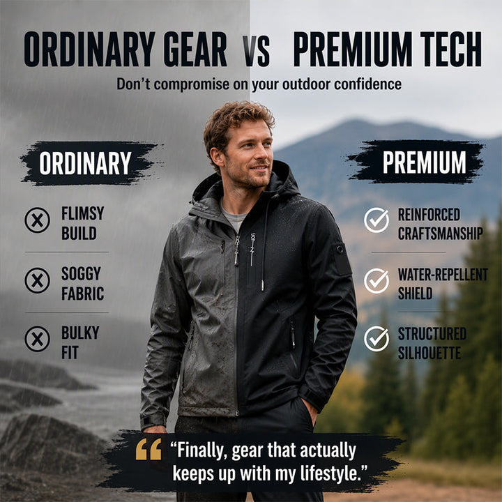 Mens waterproof utility jacket in khaki, front view