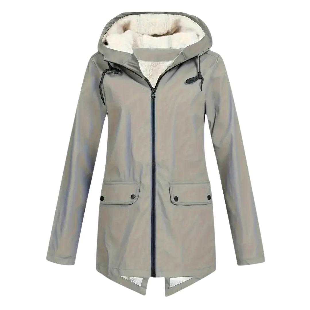 Close up of the sturdy hood drawstring on the rain jacket