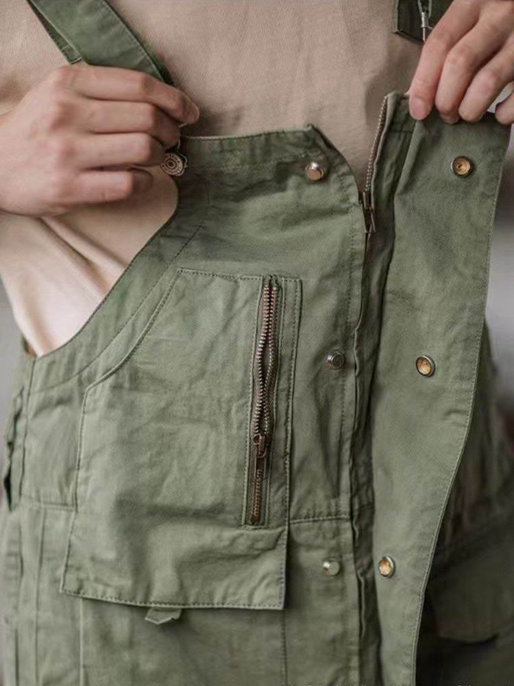 Men's utility overalls featuring multiple cargo pockets, back view