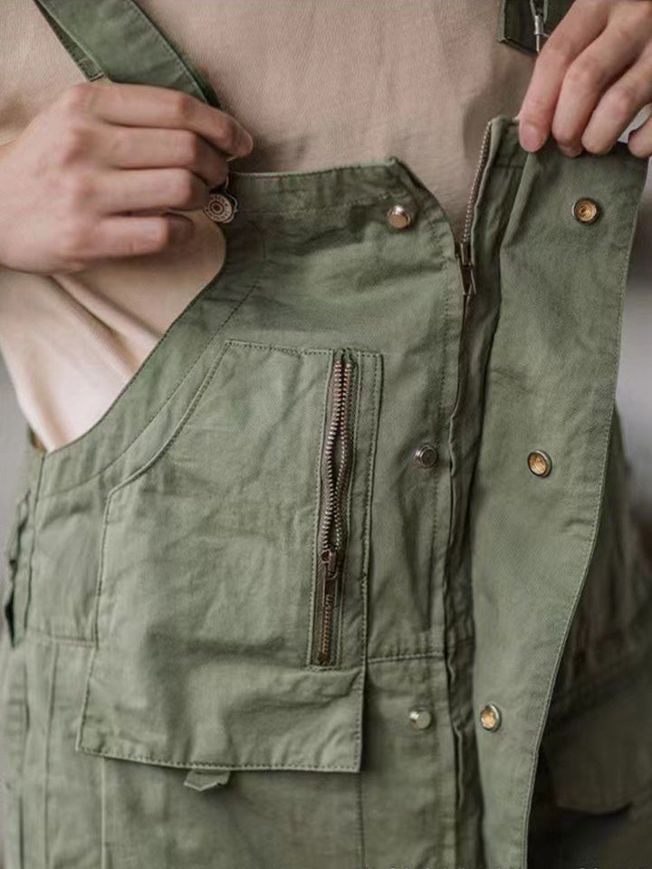 Men's utility overalls featuring multiple cargo pockets, back view