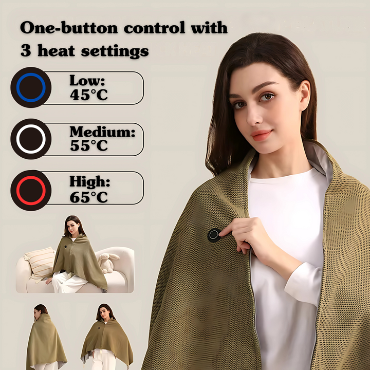 Woman relaxing on couch using portable heated blanket for back pain relief