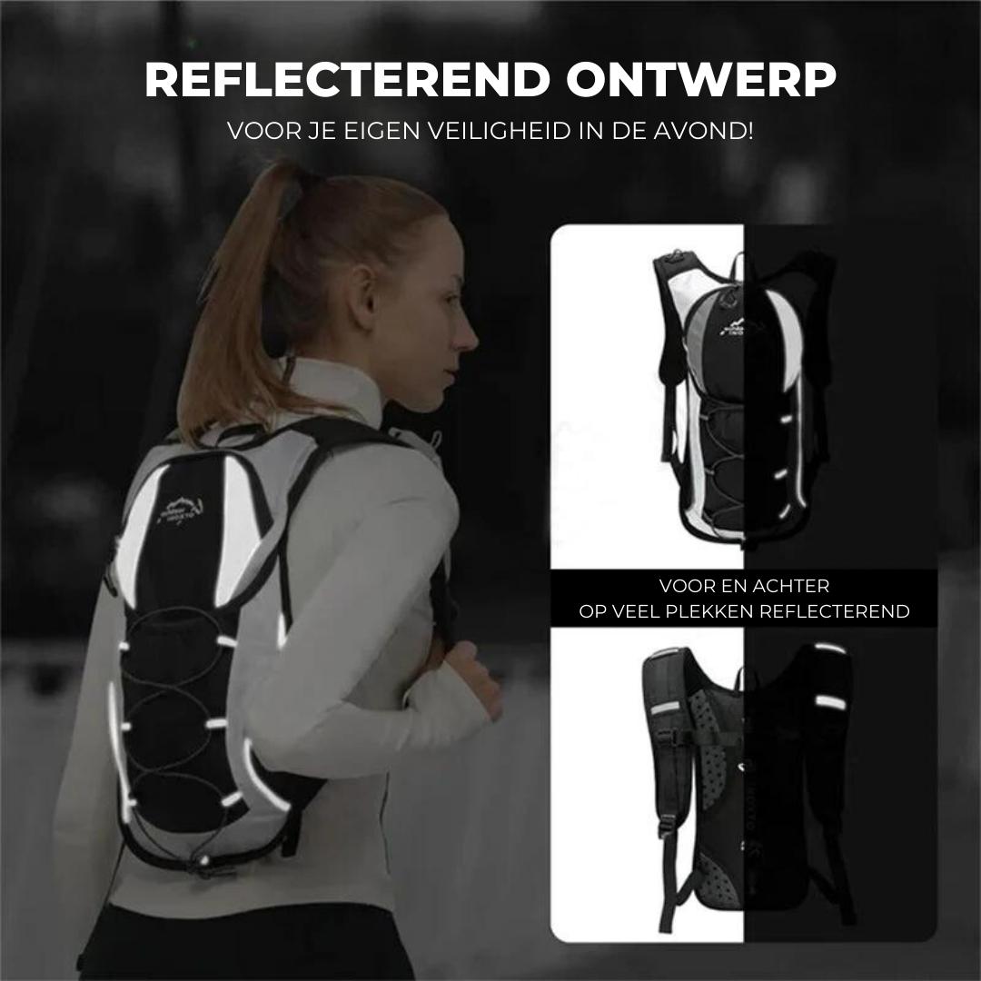 Waterproof hydration backpack showing adjustable straps and back mesh