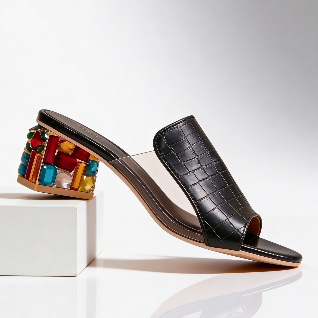 Back view of stable block heel on elegant peep-toe sandals for women