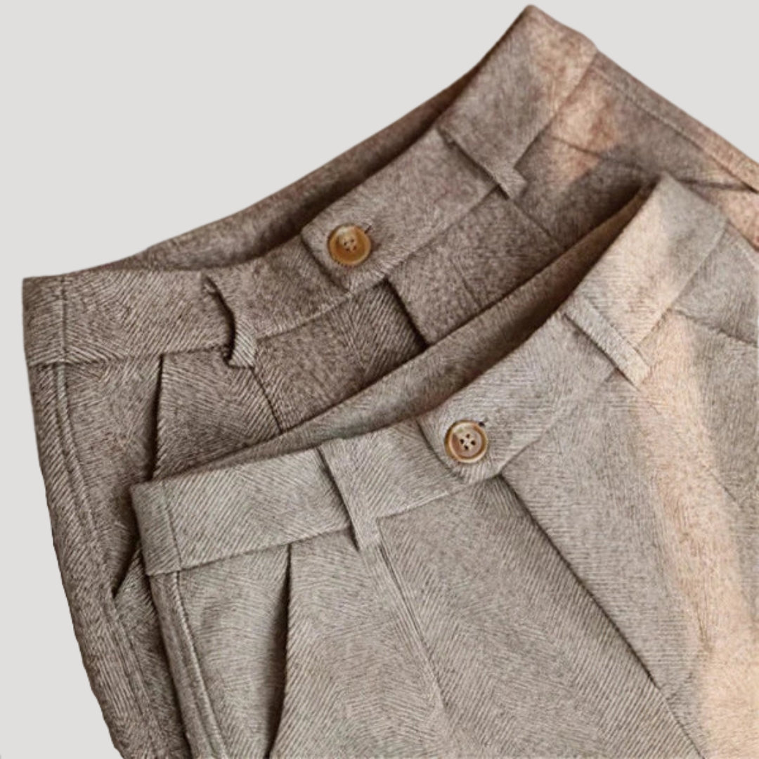 Close-up view of the waistband and button detail on Lucas men's tailored trousers
