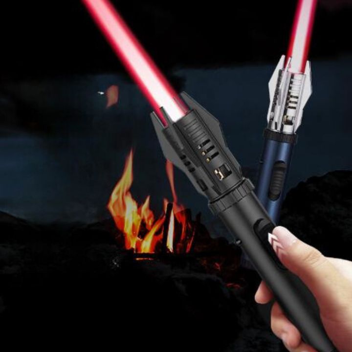 Close-up of windproof torch lighter flame nozzle
