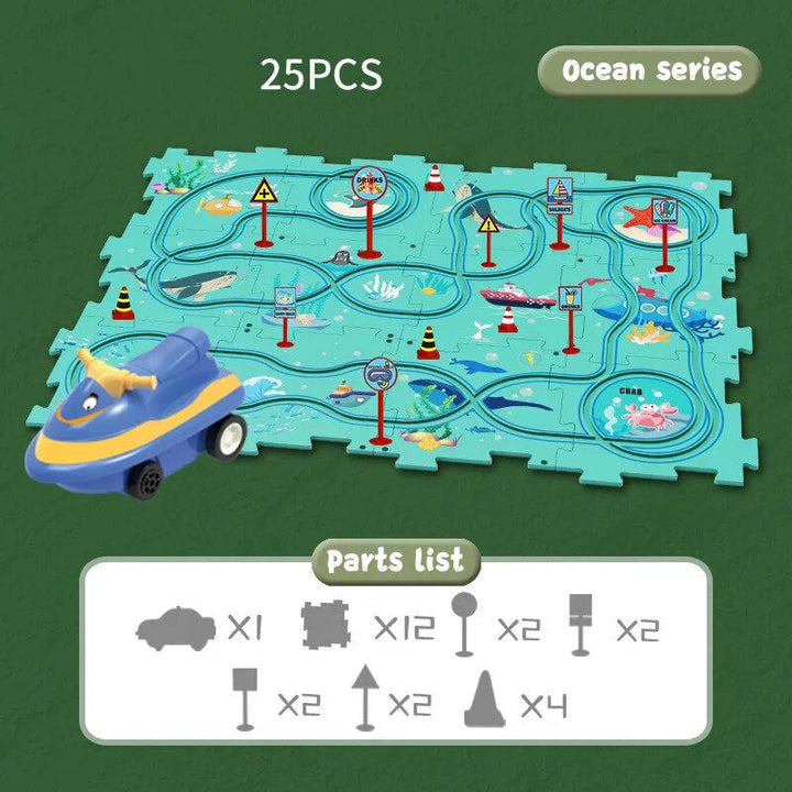 Plastic vehicle puzzle set for kids, an interactive learning toy and toddler developmental puzzle.