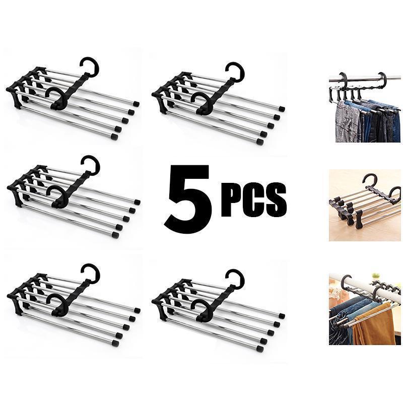 Black magic pants hangers displayed in a 5-piece set with demonstration images