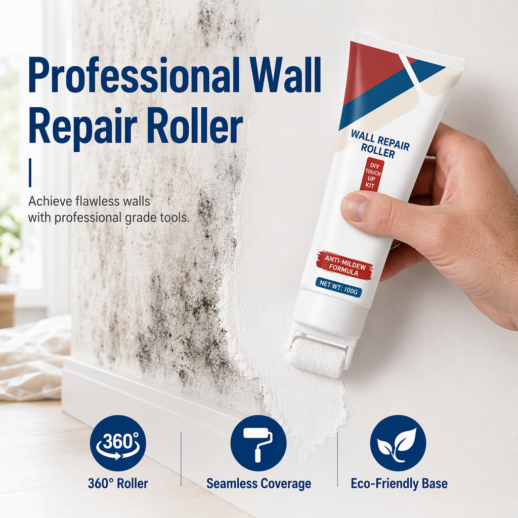 Hand holding a waterproof wall repair roller against a textured wall showing coverage