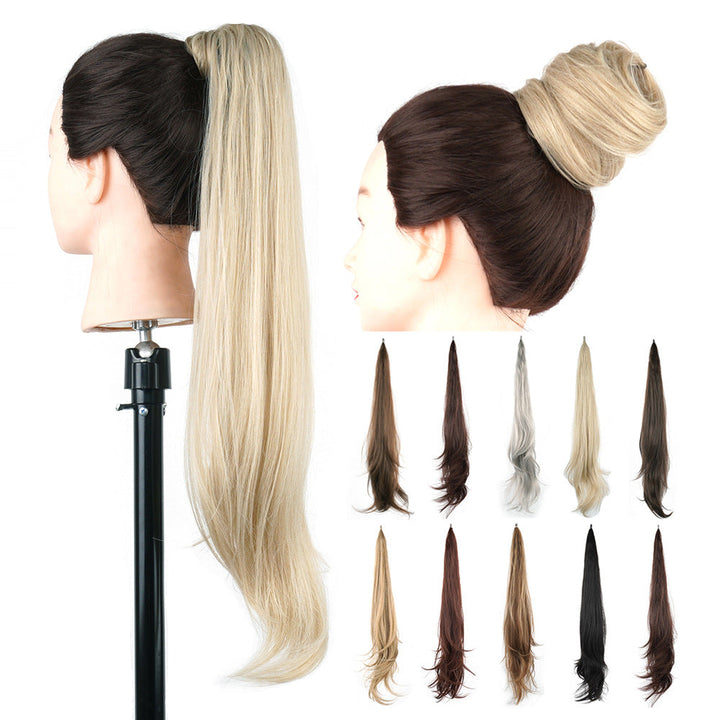 Women's blonde and dark wrap-around curly ponytail hair extension displayed on mannequin head