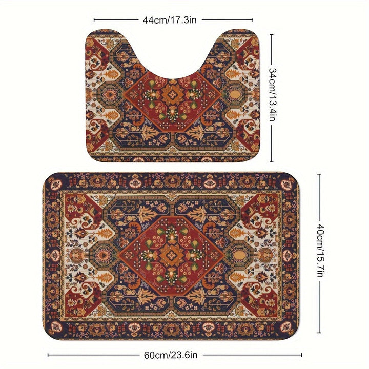 Product dimension diagram showing measurements for both bathroom mats