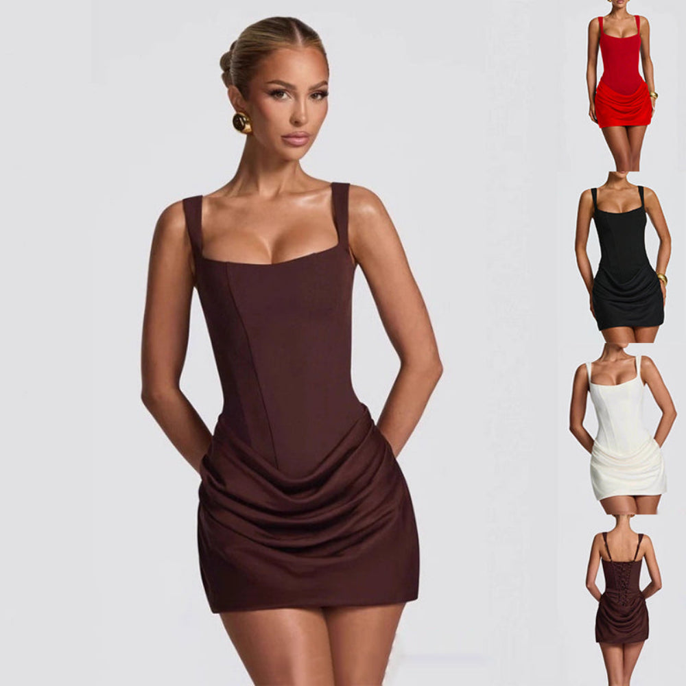 Model wearing brown sleeveless corset mini dress with multiple color options displayed