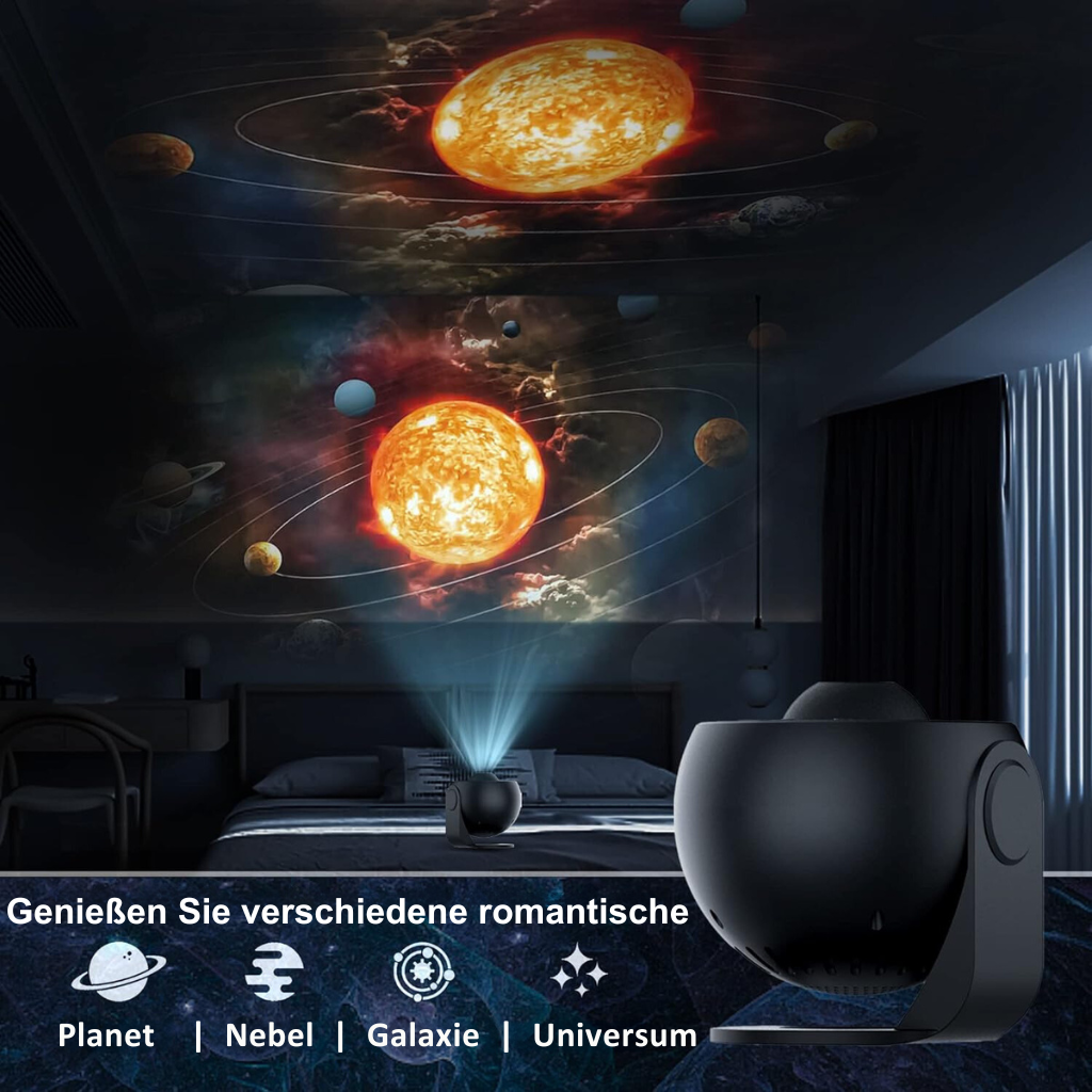 Planet projection in a dark bedroom with sleek black projector model