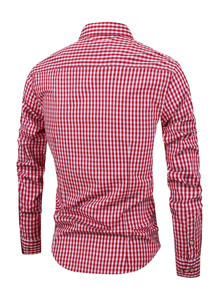 Back view of mens check pattern casual long sleeve button down shirt