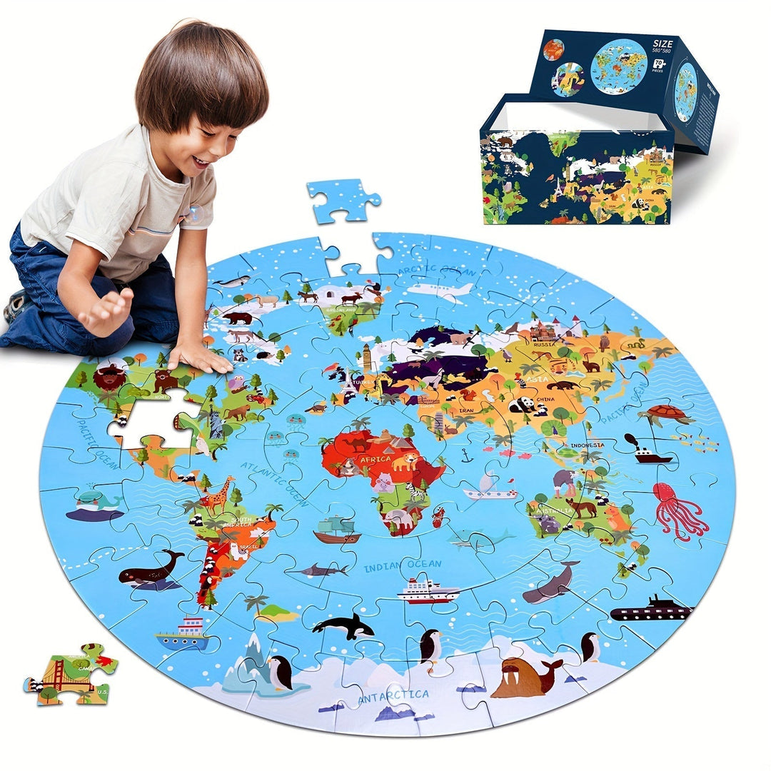 Young boy assembling the round world map floor puzzle on the floor