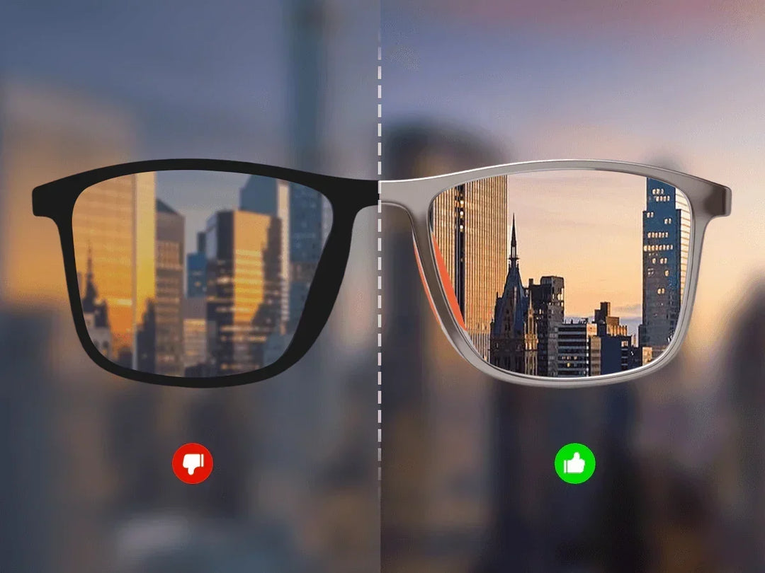 Comparison visual showing improved clarity and vision correction through progressive lenses