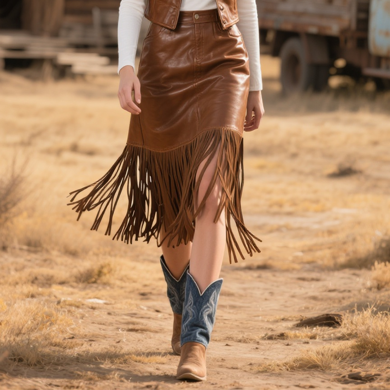 Close-up of a woman walking in a brown bohemian fringe skirt paired with western boots