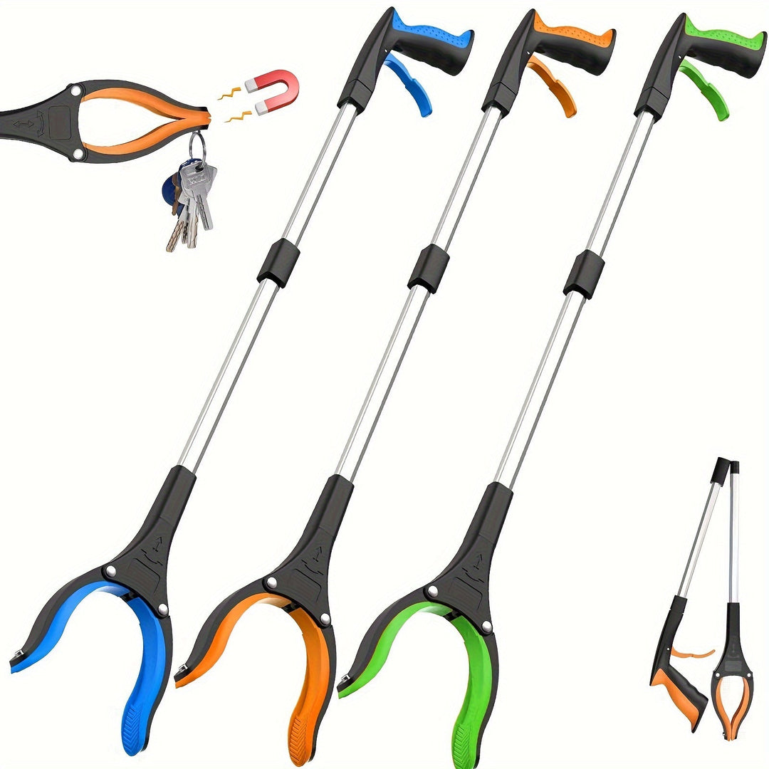 Three rotating comfort grip reacher tools in blue, orange, and green with a key pickup illustration