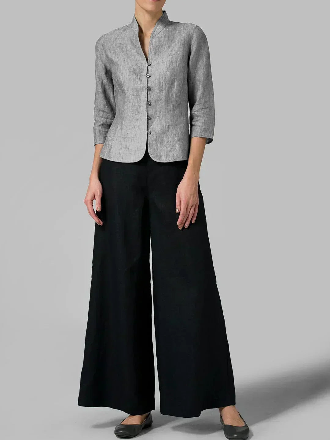 Three quarter sleeve casual chic button front shirt for women's workwear