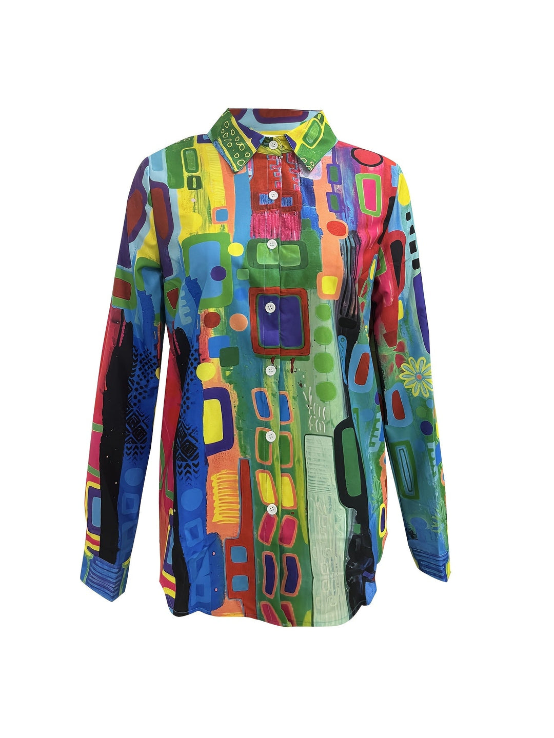 Front view of the multicolored geometric print long-sleeve button-up blouse on a white background
