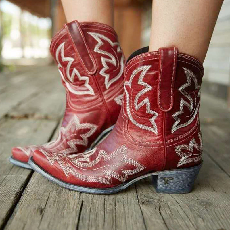 Close-up of red embroidered western boots on a wooden deck