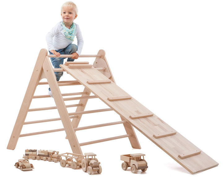 Close-up of the smooth wooden rungs and sturdy construction of the kids climbing ladder