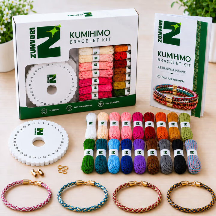 Complete DIY Kumihimo friendship bracelet making kit with threads and disc