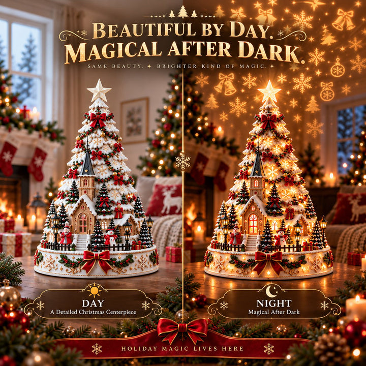 Winter village lightscape tree casting holiday projection patterns