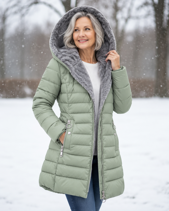 Water repellent womens winter outerwear coat with full zip and snap closure