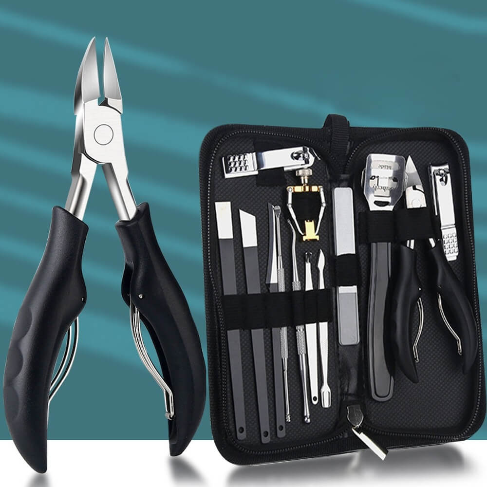 Black 17-piece professional manicure set opened with tools displayed next to clippers