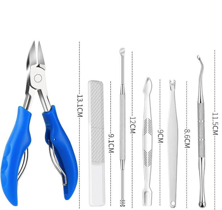 Top view of nail care tools laid out from a professional pedicure kit