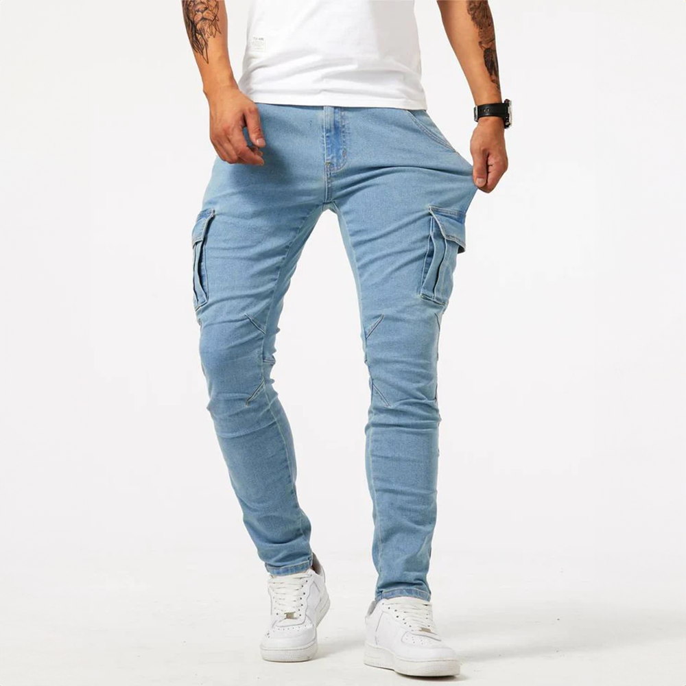 Back view of mens slim fit cargo denim pants with back pockets and waistband loops