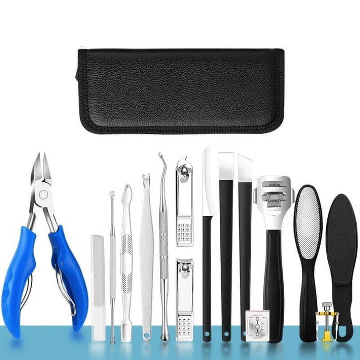 Blue variant 17-piece professional manicure and pedicure set laid out with carrying case