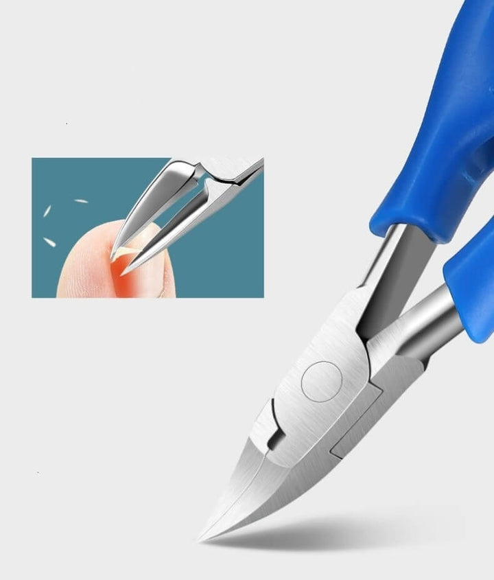 Close-up of stainless steel nail clippers and tools in a blue grooming kit