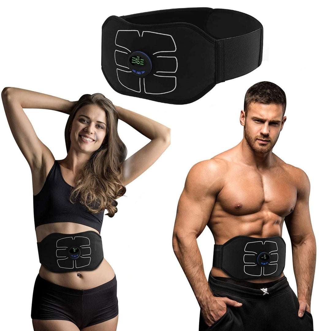 Woman and man wearing the black EMS abs muscle trainer belt