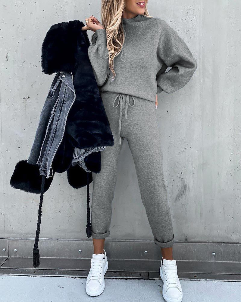 Flat lay of the complete two-piece lounge set showcasing color and texture