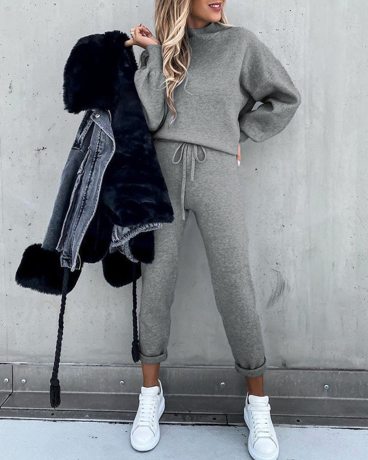 Flat lay of the complete two-piece lounge set showcasing color and texture