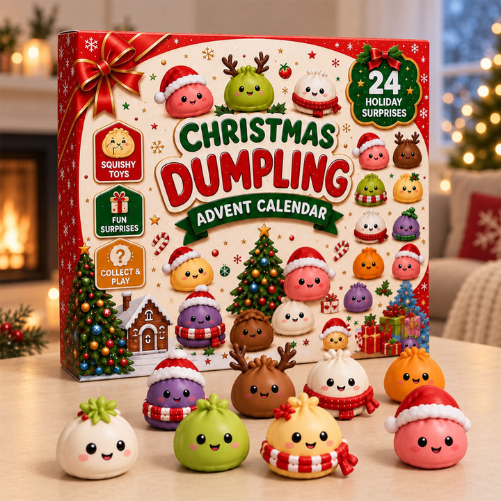 Christmas dumpling advent calendar box displayed with adorable squishy toys in front.