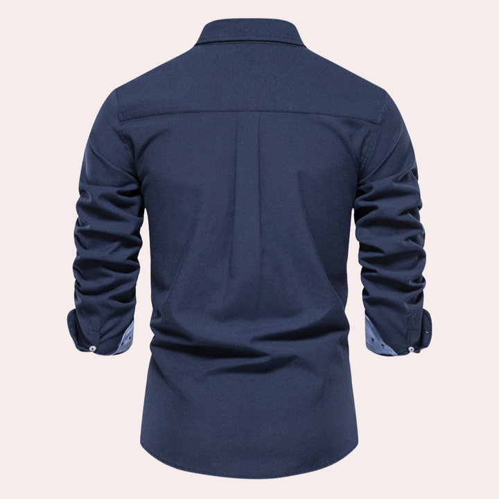 Back view of a tailored fit mens casual long sleeve button down shirt