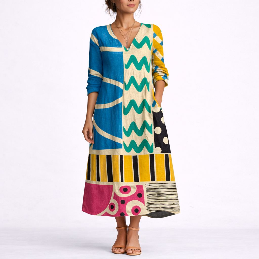 Front view of a woman wearing an abstract geometric long-sleeved midi dress with pockets.