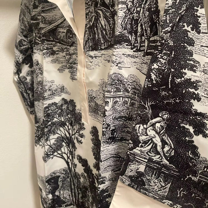 Close up of the vintage toile pattern on a womens tunic dress