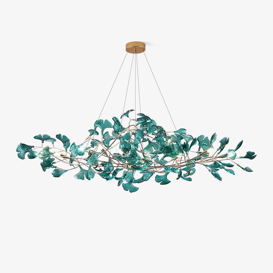 Turquoise ginkgo leaf chandelier suspended against a clean white background