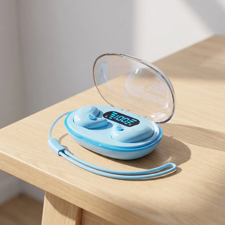 Light blue active noise-cancelling wireless earbuds in charging case on wooden surface