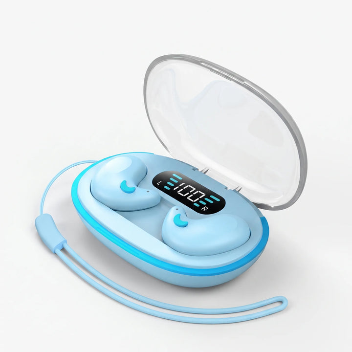 Light blue wireless earbuds with digital display charging case against white background