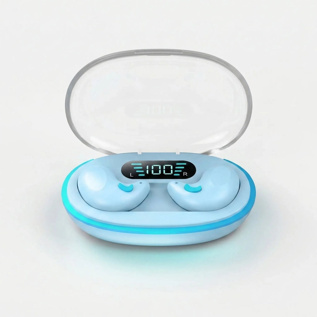 Front view of light blue wireless earbuds inside illuminated charging case