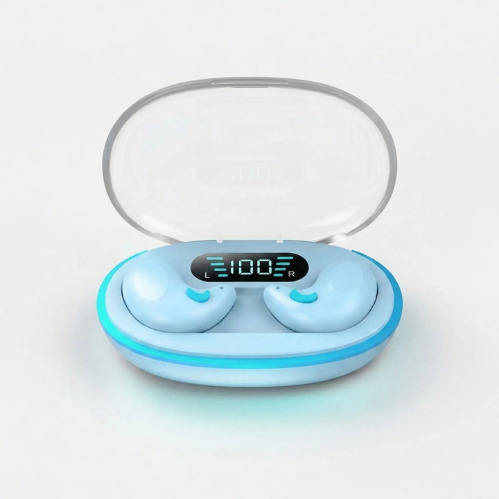 Front view of light blue wireless earbuds inside illuminated charging case