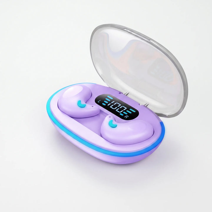 Audio gadgets layout featuring wireless earbuds and charging cable