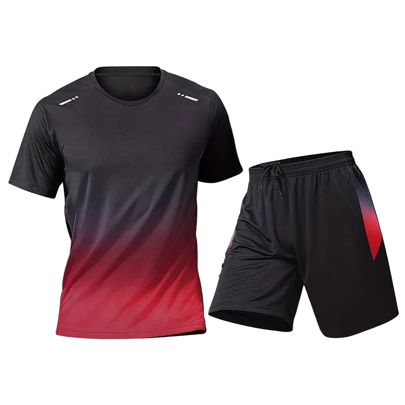Mens activewear set sport tee and running shorts lifestyle shot