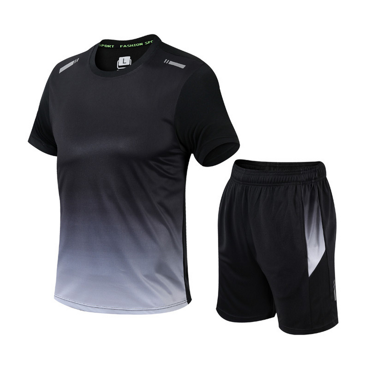 Gym outfit quick-dry t-shirt and matching athletic shorts flat lay