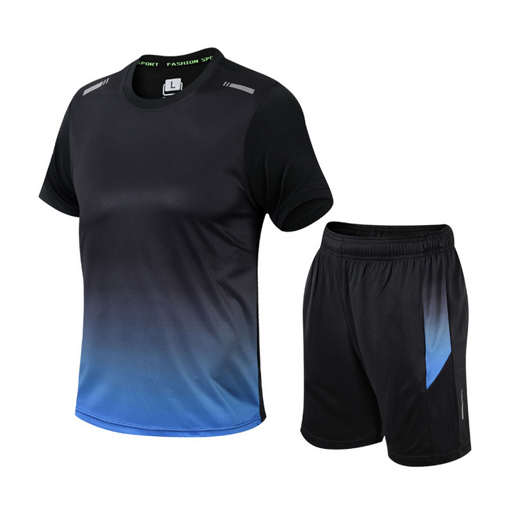 Men's gradient activewear set featuring a crew-neck t-shirt and matching shorts displayed flat against a clean background.